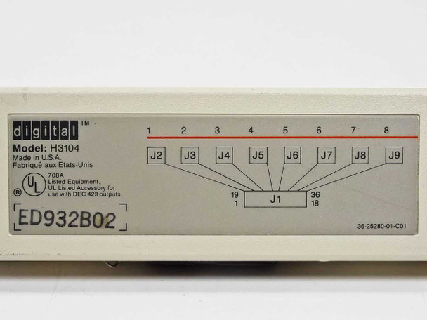 Digital H3104 label close-up showing Model H3104, Made in U.S.A., UL Listed, DEC 423 outputs, serial number ED932B02, and wiring diagram J1–J9