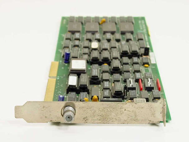 Racore A8107-000 LANpac II ISA network card – angled view showing card thickness, BNC bracket connector with dust and wear, and full-length ISA edge connector