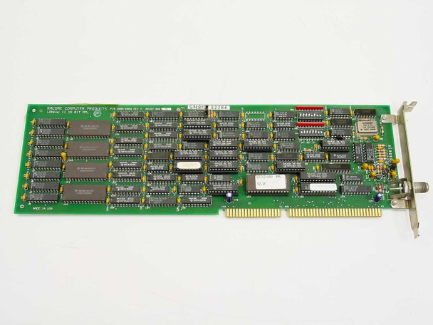 Racore A8107-000 LANpac II 16-bit ISA network card – top component side showing full PCB layout and BNC bracket connector
