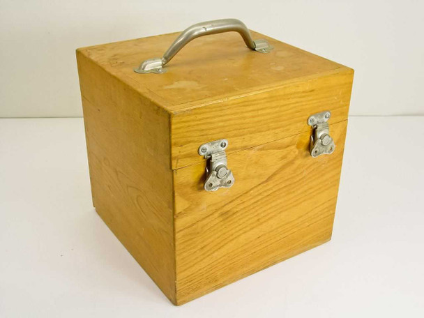 Original wood carry case for Texas Instruments fused quartz pressure sensor set — closed, showing metal handle and two toggle latches
