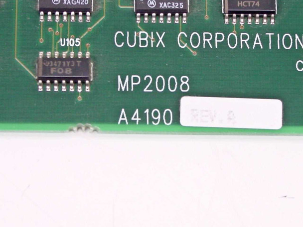 Cubix MP2008 A4190 label close-up showing model number MP2008, part number A4190, Rev A, and Cubix Corporation silkscreen