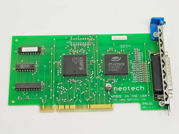 Neotech PM101 Rev 1.1 ISA Parallel Adapter Card — front component side showing CHIPS QFP controller, StarTech ST16C450J IC, and DB25 bracket port