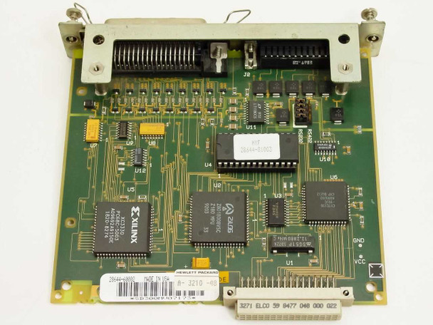 HP A-3210-48 module reverse side showing Hewlett-Packard label, MPN 28644-60002, Xilinx FPGA, ALUS ICs, and ELCO 59-pin edge connector