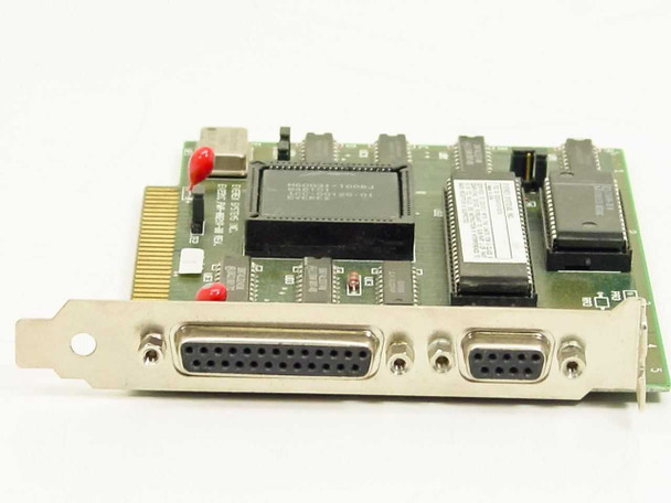 Everex Systems EV231C ISA I/O card – angled view showing DB25 parallel and DB9 serial port bracket connectors and onboard chips