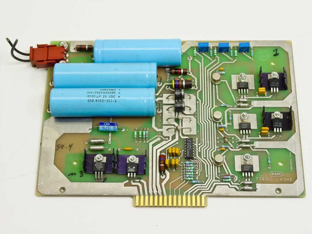 Wang 7760-R3M3 Power Module PCB board – top component side showing three blue Sangamo electrolytic capacitors, resistors, transistors, and red wire harness connector