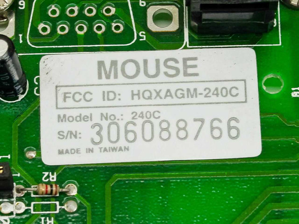 Close-up of Agilar HQXAGM-240C label showing FCC ID HQXAGM-240C, Model No. 240C, serial number 306088766, Made in Taiwan
