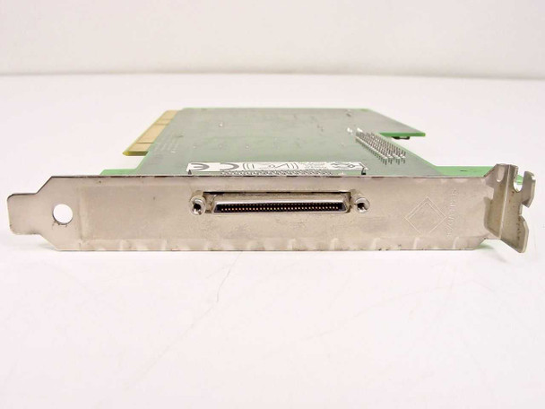 QLogic QLA1080 bracket edge view showing external 68-pin VHDCI SCSI connector and CE compliance marking