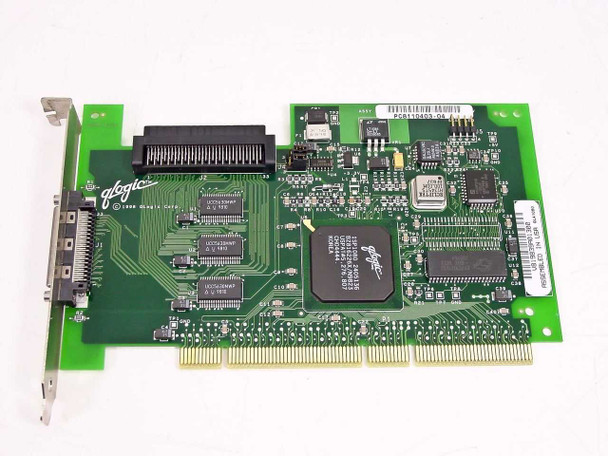 QLogic QLA1080 64-bit PCI SCSI controller card front view showing QLogic controller chip, 68-pin internal header, and external VHDCI port on bracket