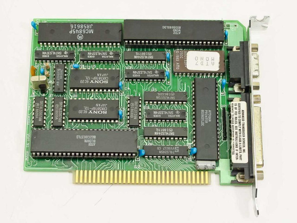 ATD Inc SA202 ISA I/O board – top component side showing Motorola MC68B16 main chip, Sony ICs, SN74LS367AN logic chips, and bracket with DB25 and DB9 connectors