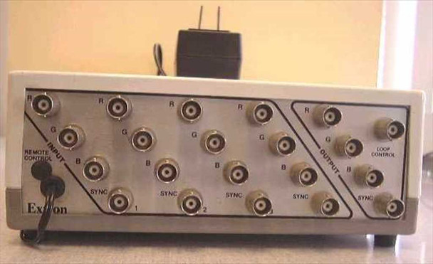 Extron SW4 rear panel showing four RGBS BNC input groups (R, G, B, Sync per input), one RGBS BNC output group, Loop Control BNC connector, and Remote Control port