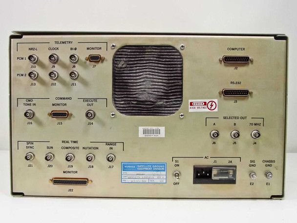 Rear panel of Hughes Satellite Simulator showing full connector layout: telemetry section, command section, computer/RS-232 ports, selected 70 MHz output, and AC power inlet with 2A breaker