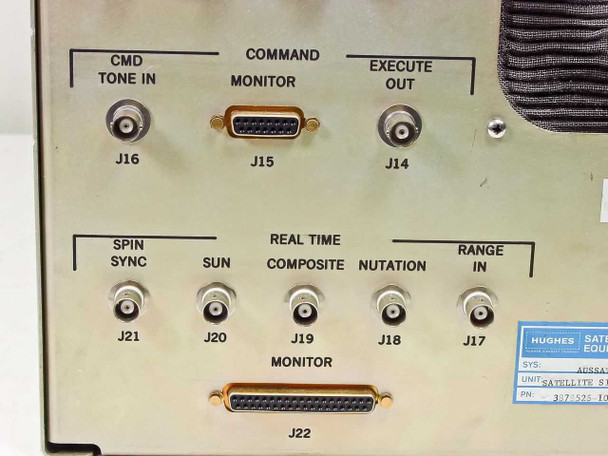 Close-up of rear panel command and real-time section showing CMD Tone In J16, Command Monitor J15, Execute Out J14, Spin Sync J21, Sun J20, Real Time Composite J19, Nutation J18, Range In J17, and Monitor D-sub J22