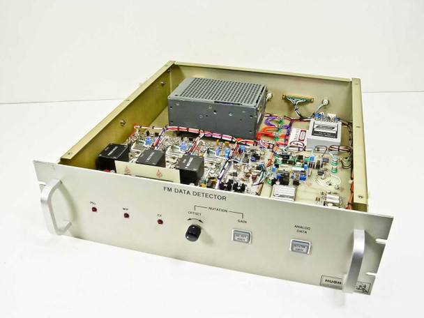 Hughes 3878521-100 FM Data Detector with bottom plate removed – interior view showing populated PCBs, wiring harness, internal power supply, and front panel assembly