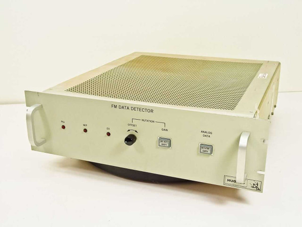 Hughes Aircraft 3878521-100 FM Data Detector rackmount unit – front panel three-quarter view showing FM DATA DETECTOR label, PS1/MIP/EX LEDs, Nutation Offset knob, and Hughes logo