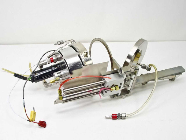 Clippard UDR-17 pneumatic cylinder and Bimba stainless linear guide assembly — opposite side view showing black cylinder actuator, red and yellow tubing, and fittings