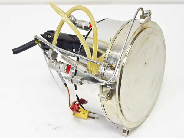 Side view of stainless disc assembly showing cylinder body, braided wire, red and yellow connectors, and pneumatic tubing routing