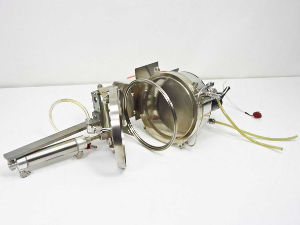 Clippard UDR-17 pneumatic cylinder with Bimba linear guide assembly and metal mounts — full assembly side view showing large stainless disc, cylinder, and tubing