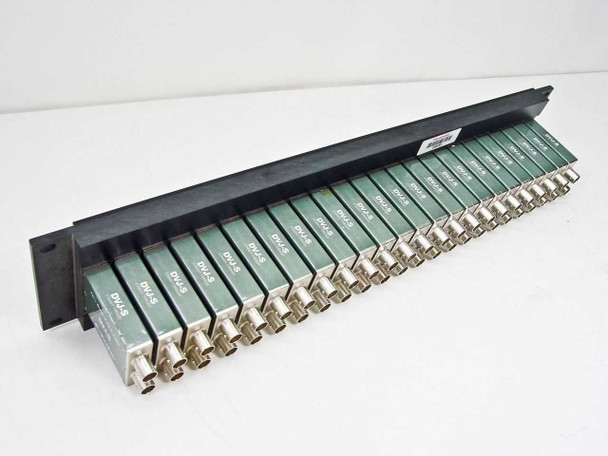 AVP DVJ-S rear view showing 24 Canare DVJ-S dual BNC jack modules extending from the back of the panel