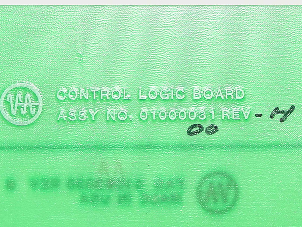 Varian 01000031 Rev H Control Logic Board – close-up of board label reading CONTROL LOGIC BOARD ASSY NO. 01000031 REV H