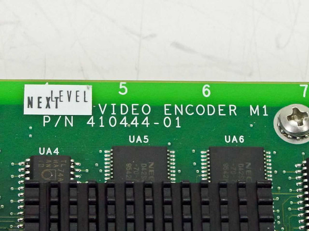 Next Level CLI 410444-01 Video Encoder M1 sub-board close-up showing silkscreen label, part number, and NEC memory ICs at UA4, UA5, UA6