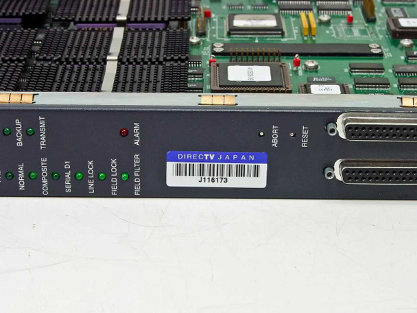 Next Level CLI 410024-01 Video Compressor front panel right section showing Backup, Transmit, Composite, Serial D1, Line Lock, Field Lock, Field Filter, Alarm LEDs and DirecTV Japan barcode label with Abort and Reset buttons