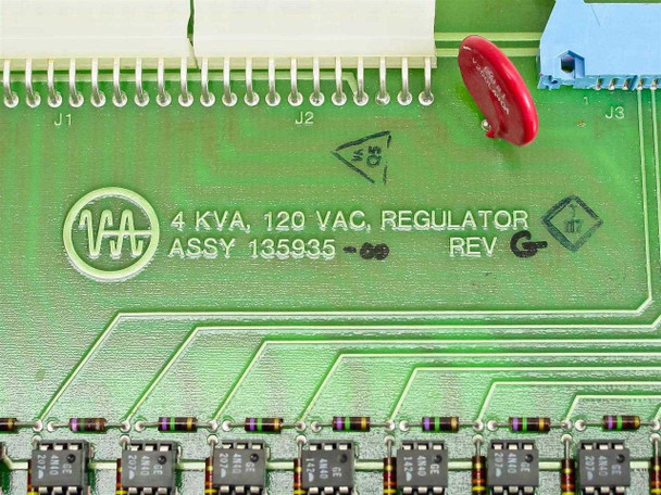 Varian 135935 PCB silkscreen label close-up reading '4 KVA, 120 VAC, REGULATOR ASSY 135935-68 REV G' with Varian VA logo and connector designations J1, J2, J3