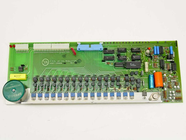 Varian 135935 4 kVA 120VAC Power Supply Regulator Board – top-side overview showing full PCB layout with DIP ICs, blue trim potentiometers, and multi-pin connectors
