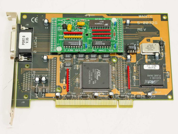 SDL Communications WANic 5-0032G PCI WAN adapter card – top/component side view showing main PCI controller chip, daughter board with SDL COMM INC label, and V.35 port bracket