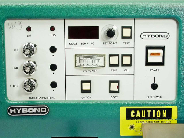 Hybond 512-10-41 control panel close-up showing Bond Parameters dials, digital Stage Temp display, U/S Power slider, SPOT button, EFO Power button, and Caution laser sticker