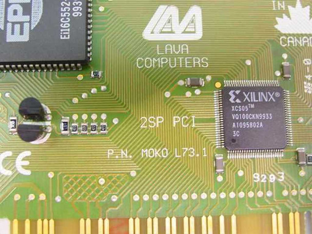 Lava Moko L73.1 PCB close-up showing Xilinx XCS05 FPGA, 2SP PCI silkscreen, P/N Moko L73.1, CE mark, and Made in Canada marking
