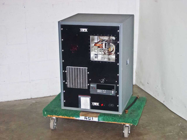 ISR Spraycool liquid cooling test chamber front view — gray cabinet on casters with open front panel showing spray chamber window and Fluke Hydra DAQ unit