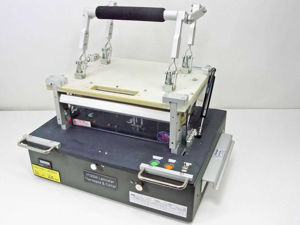 Circuit Check TF12000 Thermopile Laminator and Cutter — front-left three-quarter view showing overhead articulated arm assembly and base unit with label