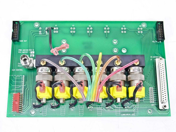Dison AMC206 pneumatic manifold controller board top view showing 6 Clippard ETO-3M 12VDC solenoid valves mounted on manifold block with color-coded wiring and DB-37 PC interface connector