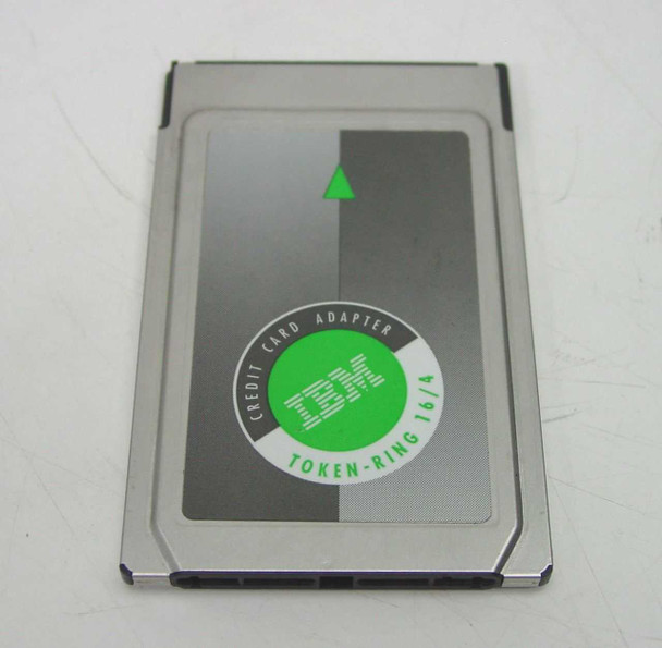 IBM PCMCIA Token Ring 16/4 Credit Card Adapter 0933929 – top face showing IBM logo and Token-Ring 16/4 branding on green and silver label