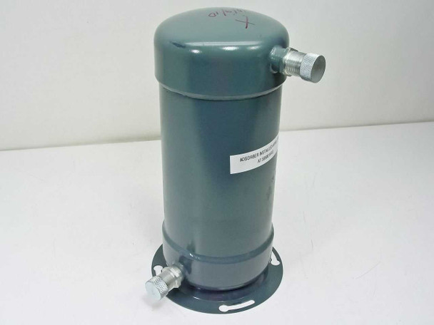 CTI Cryogenics Type B Compressor Adsorber – front-right view showing cylindrical teal body, top 3/4" self-sealing coupling, mounting flange base, and service label