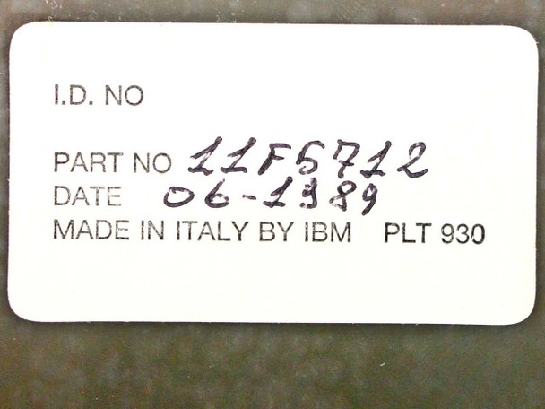 IBM 11F5712 label showing part number 11F5712, date 06-1989, Made in Italy by IBM, PLT 930