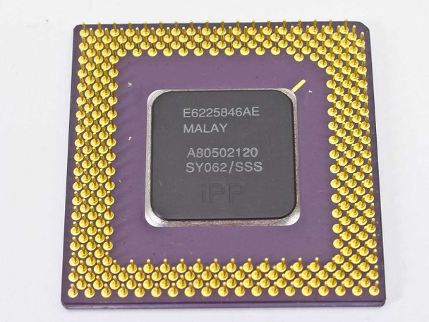 Intel Pentium SY062 A80502120 – underside showing gold pins and die markings including E6225846AE, MALAY, SY062/SSS