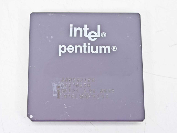 Intel Pentium 100MHz A80502100 SK124 processor — top view showing Intel Pentium logo and part markings