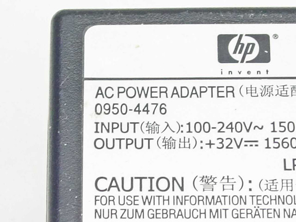 HP 0950-4476 label close-up showing part number, input 100-240V, and output +32V 1560mA specifications