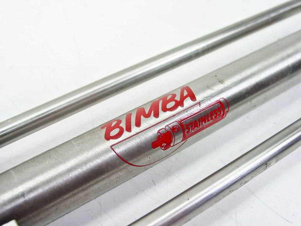 Bimba stainless steel cylinder barrel close-up showing red Bimba logo and stainless label on the cylinder tube