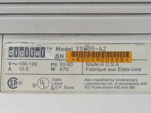 DEC VS60S-A2 rating plate label showing Model VS60S-A2, Serial Number AB00900A8B, 100-120V 10.2A 670W 50-60Hz, Made in USA