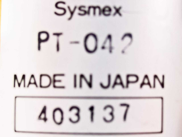 Sysmex PT-042 label closeup showing model number, Made in Japan, and serial number 403137