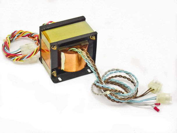 Sysmex PT-042 transformer side view showing laminated E-I core construction, mounting bracket, and full wiring harness