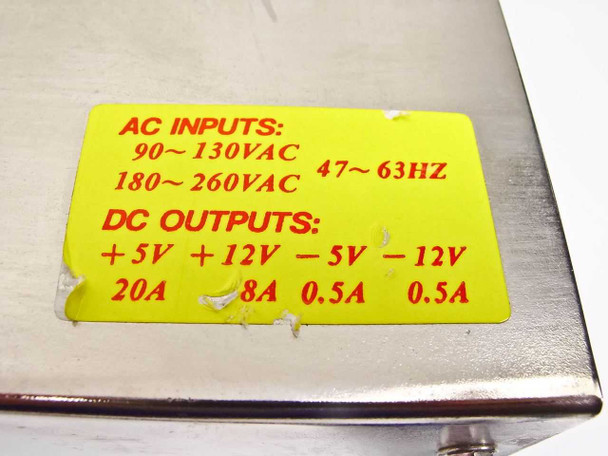 Seasonic SS-220 rating label showing AC inputs 90–130V / 180–260VAC 47–63Hz and DC outputs +5V/20A +12V/8A -5V/0.5A -12V/0.5A