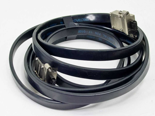 DEC Digital BC26V-12 flat interface cable coiled showing both connector ends — one larger shielded connector and one 8-pin female connector