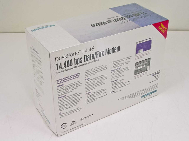 Microcom DeskPorte 14.4S modem box – rear panel showing product features, specifications text, and compatibility information
