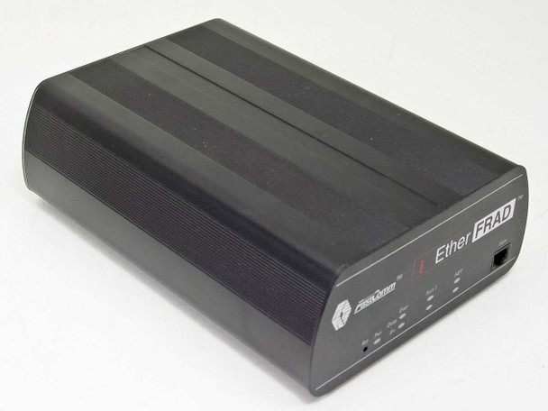 Fastcomm EtherFRAD F9200-SS-FNE1-A1000 desktop unit — right-side angled view showing ribbed black enclosure and EtherFRAD branding