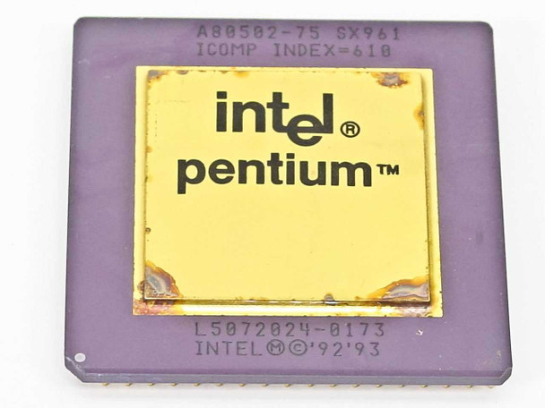Intel Pentium 75MHz SX961 A80502-75 CPU top view showing gold cap with intel pentium branding and ICOMP INDEX=610 marking on ceramic body