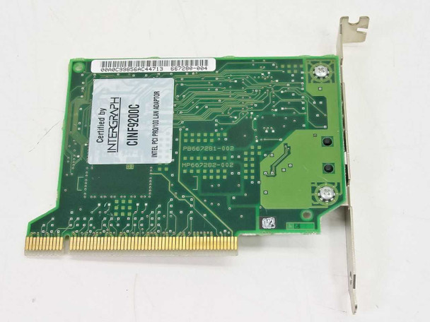 Intel CINF9200C PRO/100 PCI LAN Adapter – reverse side showing Intergraph certification label and board part number PB567901-065