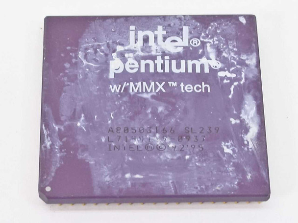 Intel Pentium MMX SL239 A80503166 166MHz CPU – top view showing Intel Pentium w/MMX tech label and part number markings